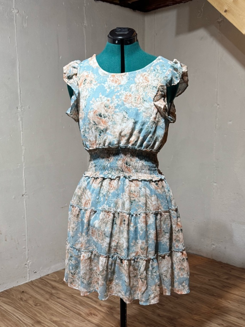 Trixxi Dusty Blue and Peach Floral Ruffle Dress